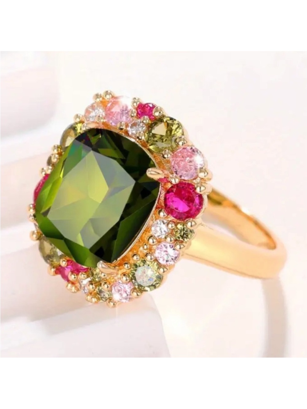 18k Gold Plated Green Cushion Halo Cocktail Ring with Multi-Color Accents
